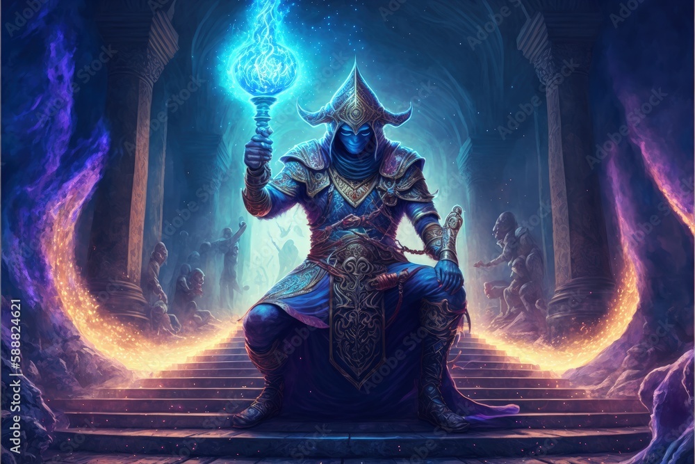 A warrior with magical abilities conjuring a spell with a brilliant