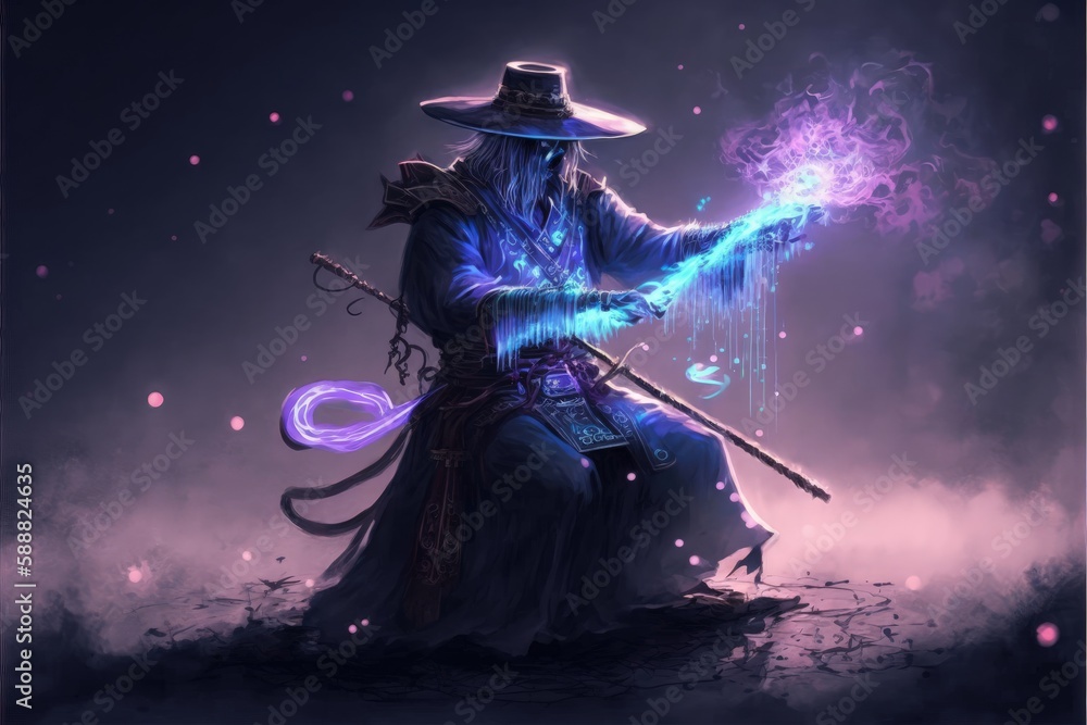 Naklejka premium A warrior with magical abilities conjuring a spell with a brilliant blue light illuminating the ground. Fantasy concept , Illustration painting. Generative AI