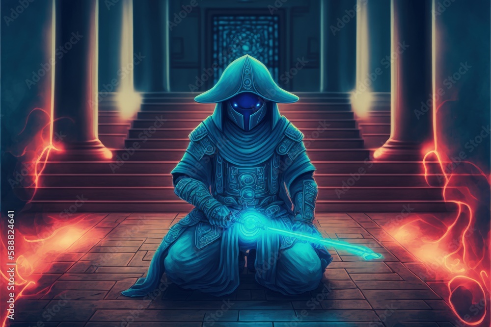 A warrior with magical abilities conjuring a spell with a brilliant