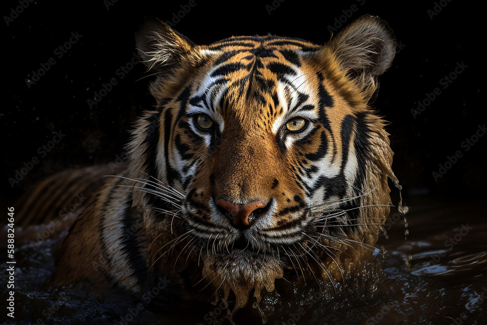 Portrait of a bengal siberian tiger taking a bath in a river. Generative AI