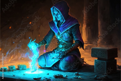 A warrior with magical abilities conjuring a spell with a brilliant blue light illuminating the ground. Fantasy concept , Illustration painting. Generative AI