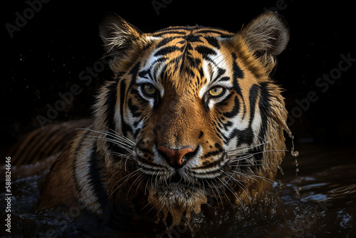 Portrait of a bengal siberian tiger taking a bath in a river. Generative AI © Zenturio Designs