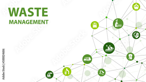 Waste management and recycling vector illustration. Green concept with icons related to sorting and separating different garbage or rubbish types