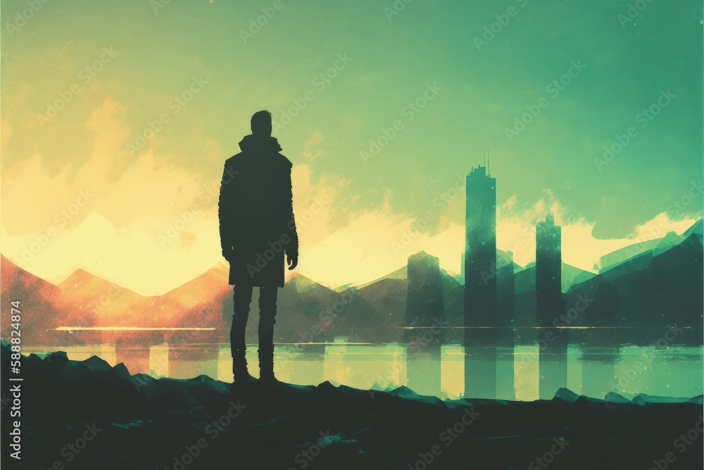 A man standing in an abstract city, watching the sunset with a green sky. Fantasy concept , Illustration painting. Generative AI