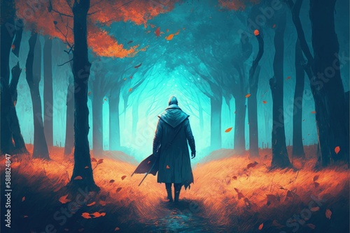 A man strolling through a gorgeous forest. Fantasy concept , Illustration painting. Generative AI