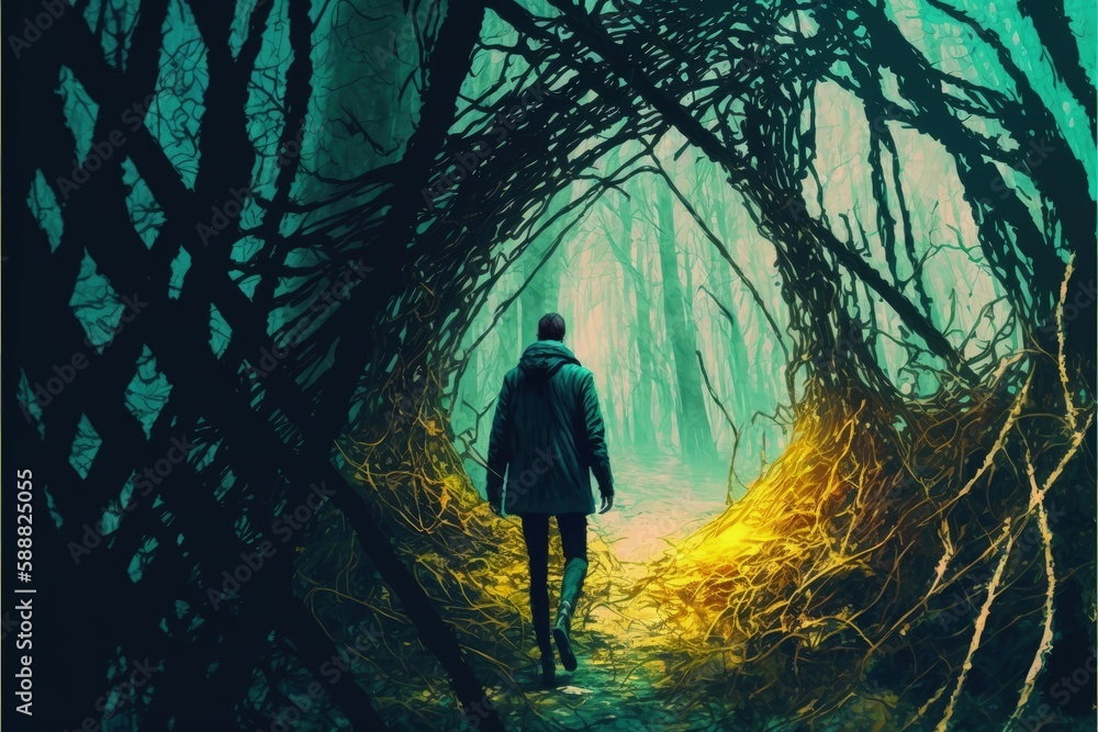 A man strolls through a mysterious forest with a twisted thorn tree, its branches gnarled and reaching towards the sky. Fantasy concept , Illustration painting. Generative AI A man strolls through a mysterious forest with a twisted thorn tree, its branches gnarled and reaching towards the sky. Fantasy concept , Illustration painting. Generative AI