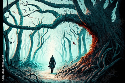 A man strolls through a mysterious forest with a twisted thorn tree  its branches gnarled and reaching towards the sky. Fantasy concept   Illustration painting. Generative AI