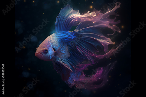 Betta Fish swims in the universe and nebula of science fiction, galaxy, spirals, space, nebulae, stars, smoke, iridescent, Generative AI.