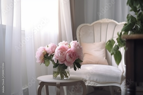 Buquê de peônias rosa em uma cadeira branca na sala de estar. Dia das Mães. Amor e conceito romântico