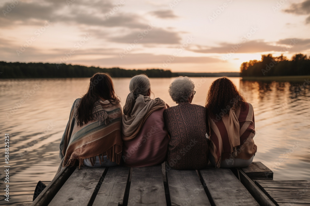 A group of women friends are sitting by the lake at sunset.  Generative AI	
