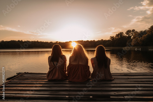 A group of women friends are sitting by the lake at sunset. generative AI