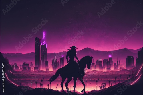 A horseback rider's silhouette against a futuristic desert city. Fantasy concept , Illustration painting. Generative AI