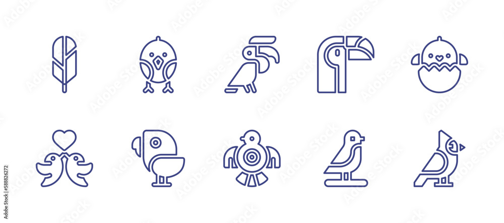 Bird line icon set. Editable stroke. Vector illustration. Containing feather, bird, hornbill, toucan, chick, birds, cardinal bird.