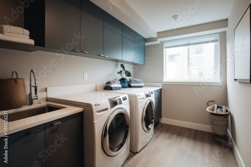 Wallpaper Mural Laundry room interior with washing machine, dryer and cabinets. Modern apartment house facilities. Generative AI Torontodigital.ca