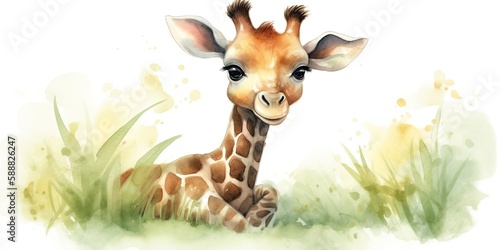 Whimsical watercolor playful baby  giraffe generative AI art