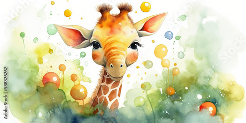 Whimsical watercolor playful baby giraffe generative AI art