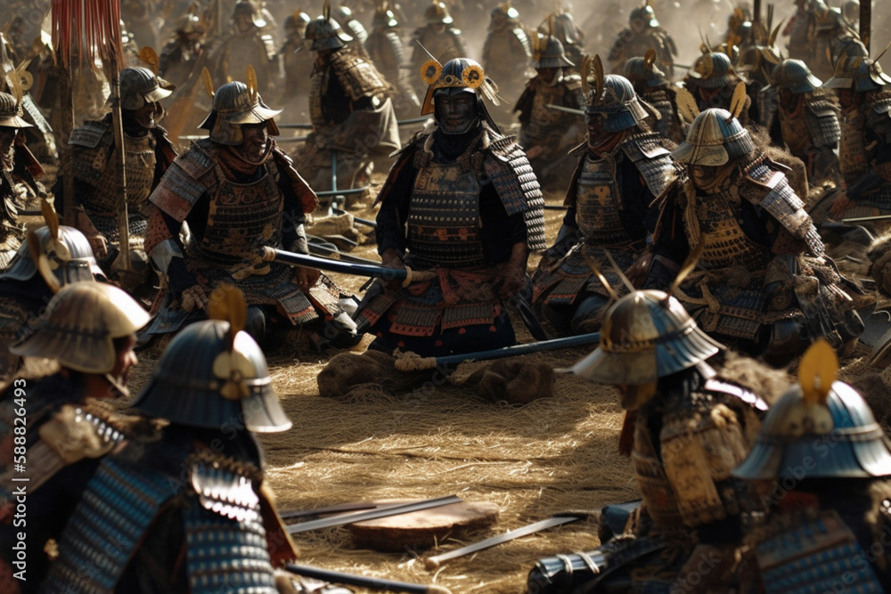 Samurai in armor on their knees prepare for battle. Army of medieval