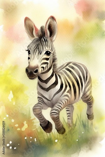 Whimsical watercolor playful baby zebra  generative AI art