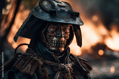 Portrait closeup of a Samurai in a traditional mengu mask. Japanese medieval warrior in armor. art created by ai	 photo