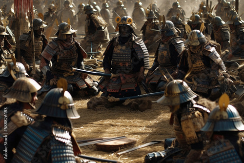 Samurai in armor on their knees prepare for battle. Army of medieval Japanese warriors before the war.  ai generated  photo