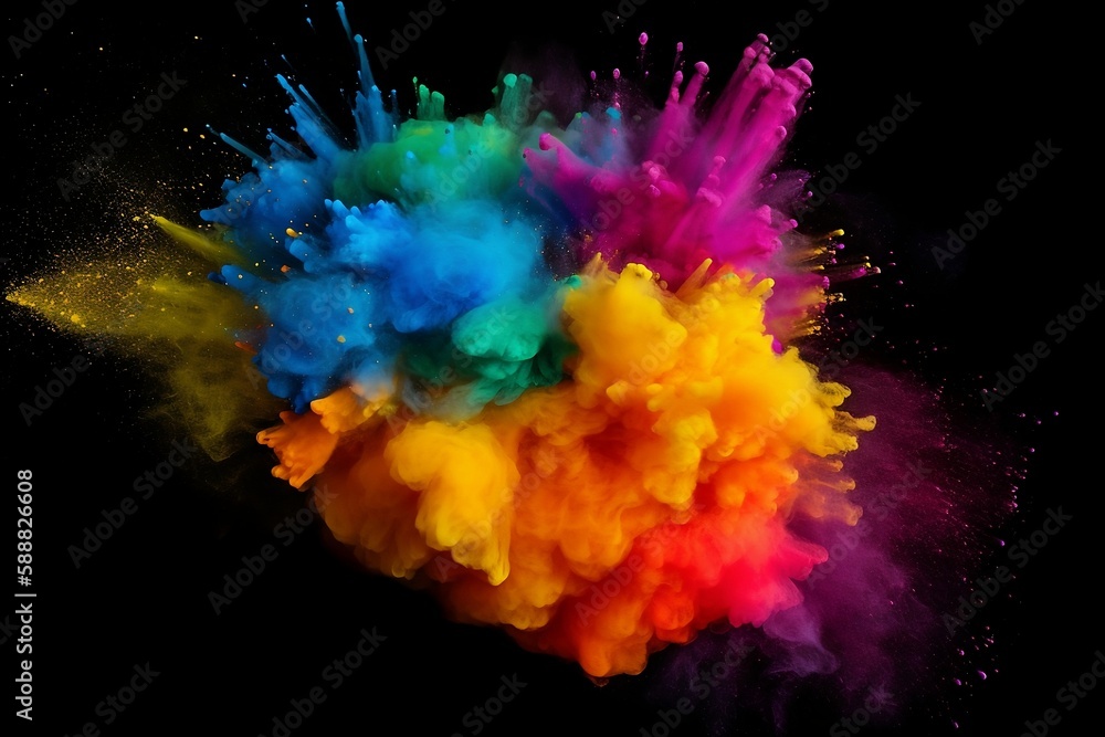 Colored powder explosion on black background. Frozen motion. Colorful rainbow holi paints. Image is AI generated. Abstract pattern, wallpaper.