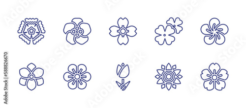 Blossoms line icon set. Editable stroke. Vector illustration. Containing flower, african violet, cherry blossom, plumeria, magnolia, tulip, sunflower.