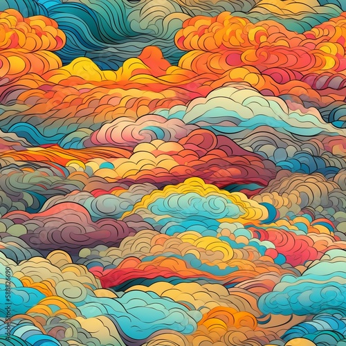 Seamless pattern of magnificent and realistic calming clouds  in beautiful colors that are welcoming  sunny  and bright. AI generation