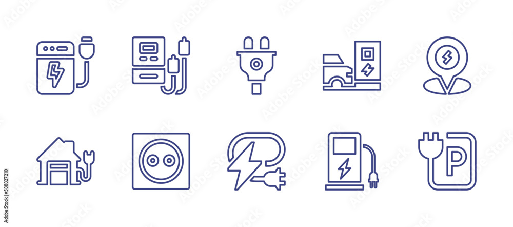 Charging line icon set. Editable stroke. Vector illustration. Containing power bank, charger, plug, charging station, charge, socket, power plug, electric station, charging.