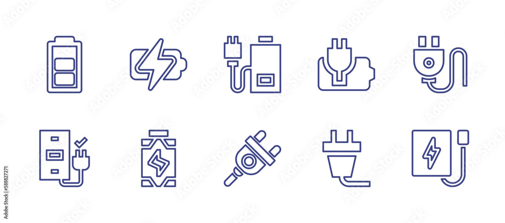 Charging line icon set. Editable stroke. Vector illustration. Containing medium charge, battery charge, low battery, battery, plug, phone charger, power plug.