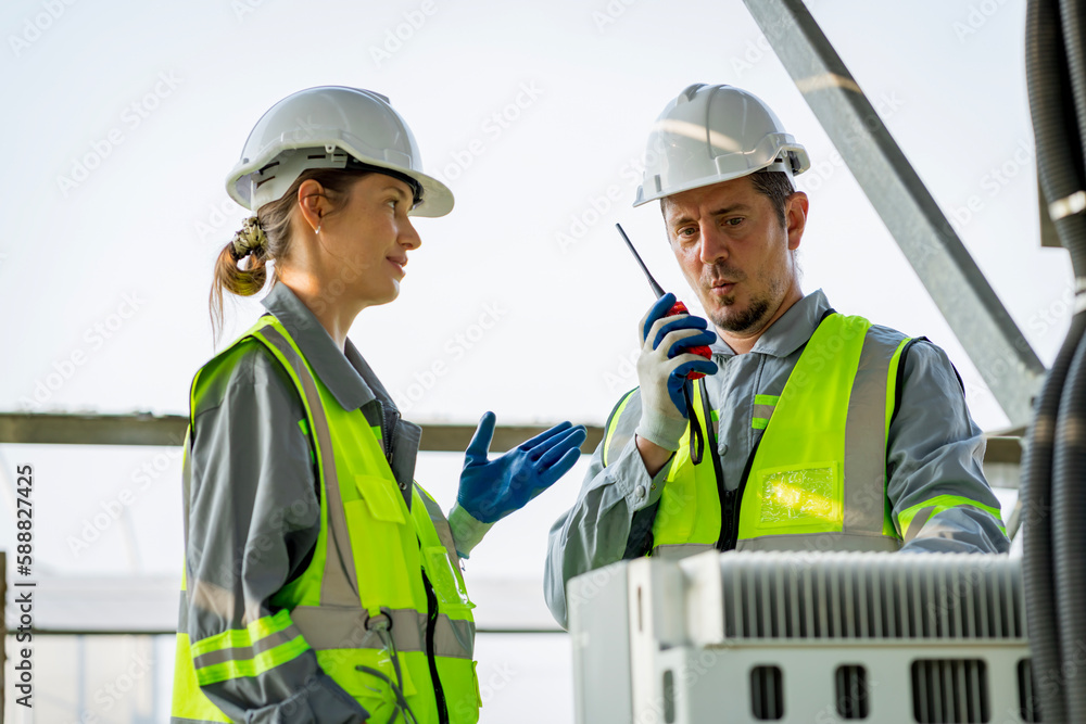 Electrical engineer on solar farm with large structure Check maintain rehearse damaged parts from use in order to produce electricity with maximum efficiency throughout its service life professionally Electrical engineer on solar farm with large structure Check maintain rehearse damaged parts from use in order to produce electricity with maximum efficiency throughout its service life professionally