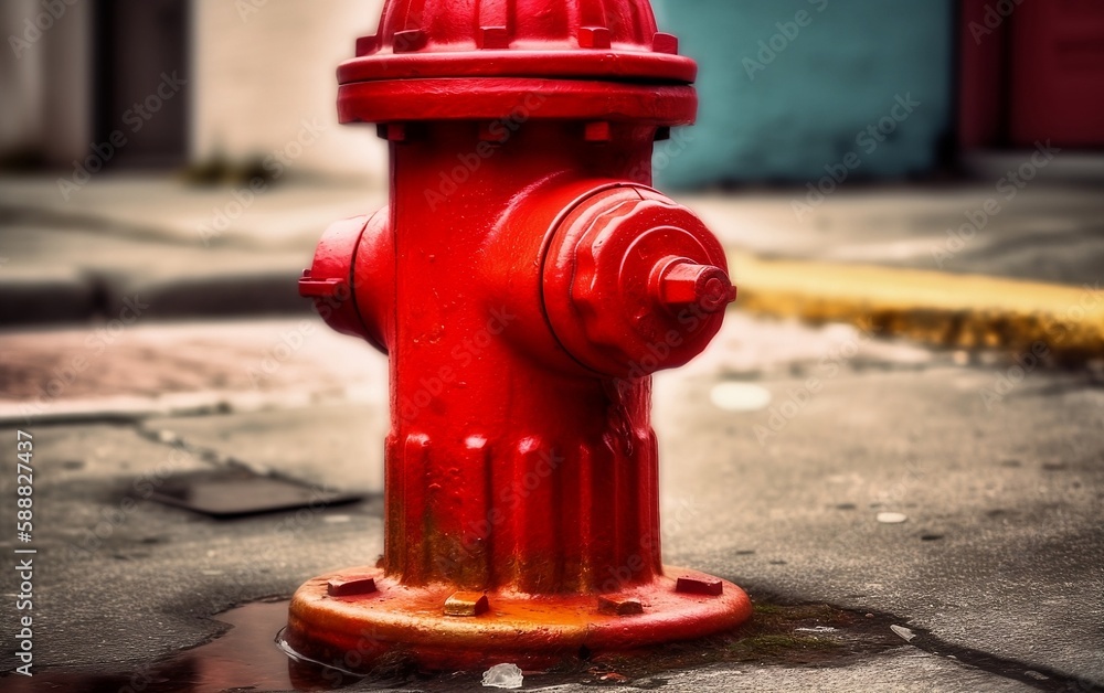 Red fire hydrant in the street. Generative AI technology. Red fire hydrant in the street. Generative AI technology.