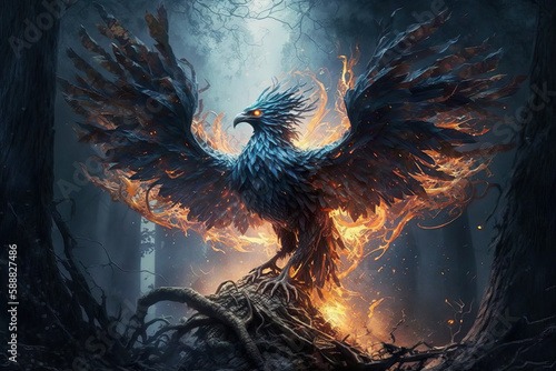 Phoenix Emergence in Enchanted Forest. Generative AI © Fox