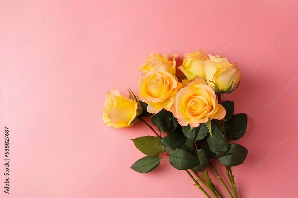 bouquet of yellow roses on pink background top view bouquet of yellow roses on pink background top view