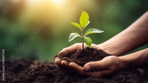 Hands holding soil with growing young plant on green nature background. Eco concept. Based on Generative AI