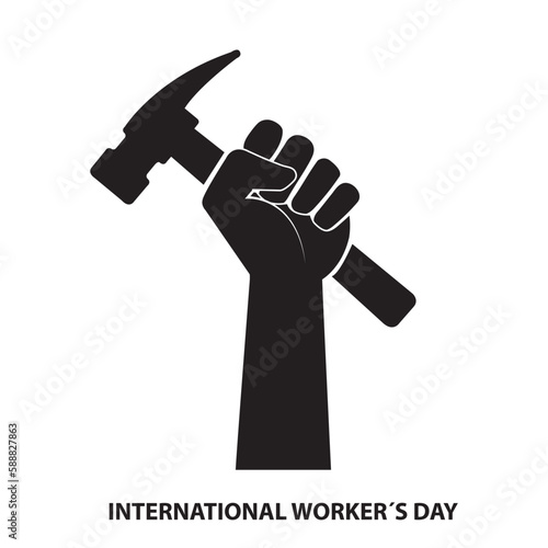 Icono de una mano con puño levantado sosteniendo un martillo. Vector