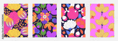Set of vector covers with floral patterns of colorful abstract flowers with black stroke. Spring or summer designs for posters, notebook, planners. Pink, white, yellow, fuchsia colors