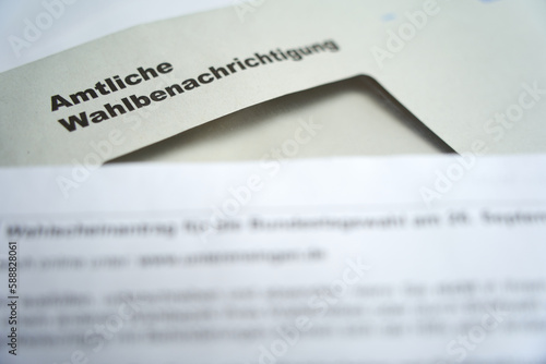 Official election notification (Wahlbenachrichtigung Bundestagswahl) for the federal election in germany. Opened envelope with information. photo