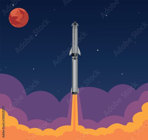 SpaceX startship launch  with beautiful sky view and mars in background. Space shuttle launched into space towards mars. Rocket Launch