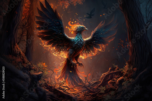 "Mystical Phoenix Rises from Ashes in Enchanted Forest" Generative AI