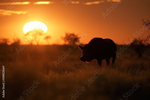 wild animal silhouette at sunset, generative ai © Arisctur