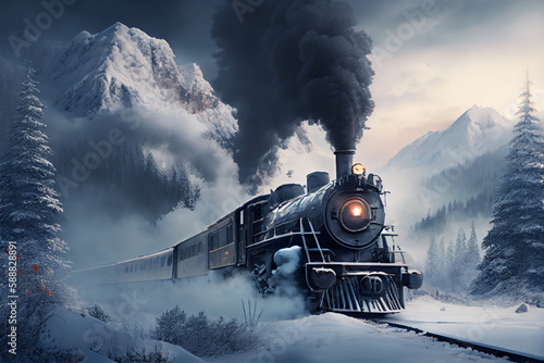 A locomotive with clouds of smoke rushes through the evening winter forest.