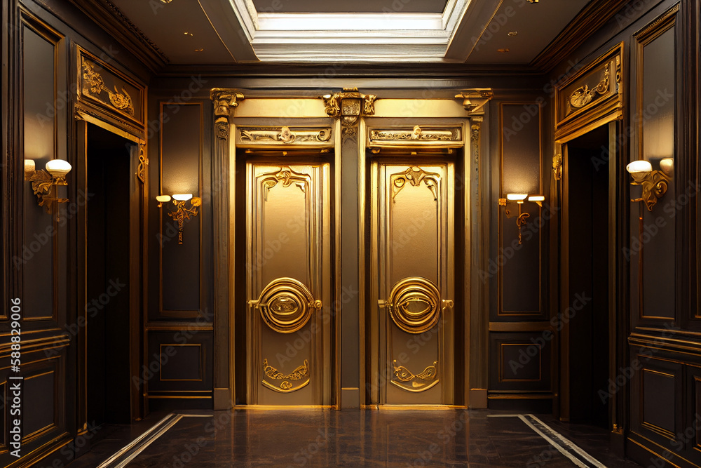 Antique style, hall and doors of a classic elevator in an old-fashioned hotel or palace. - obrazy, fototapety, plakaty 