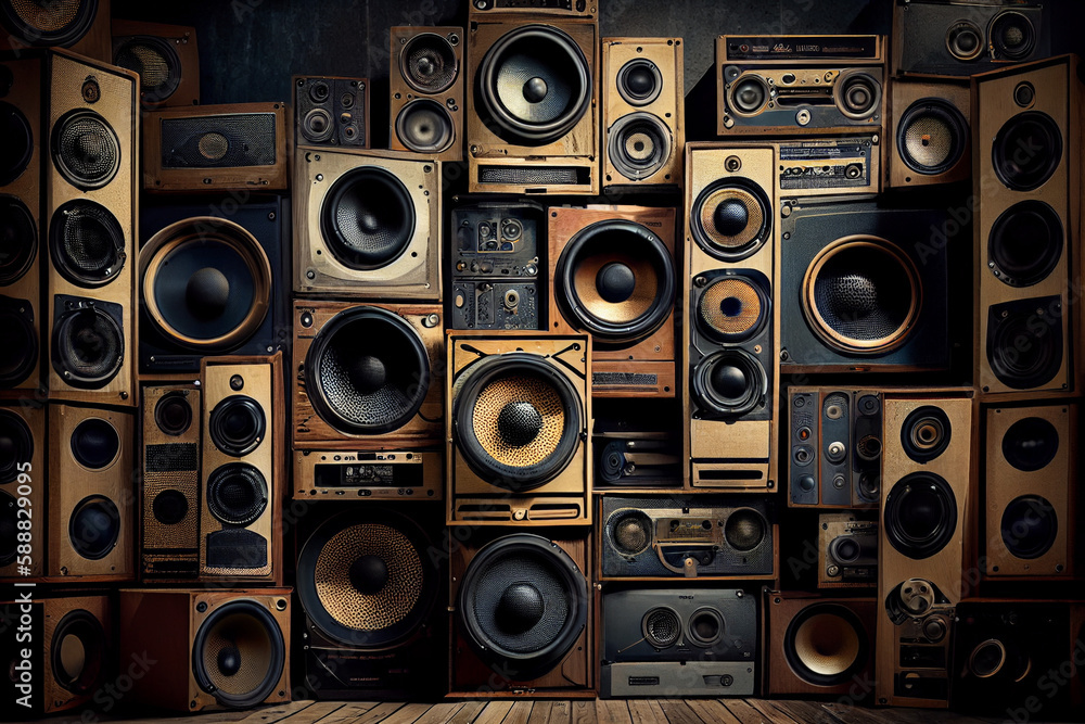 Obraz premium Pile of vintage audio speaker systems. Music retro background, abstract illustration.