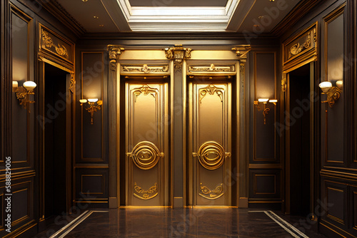 Antique style, hall and doors of a classic elevator in an old-fashioned hotel or palace.