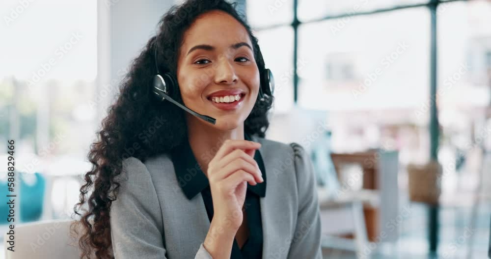 Call center, smile on face and woman in modern office with confidence and happiness, help desk consultant at work. Happy portrait of customer service agent with support, helping and advice in headset Call center, smile on face and woman in modern office with confidence and happiness, help desk consultant at work. Happy portrait of customer service agent with support, helping and advice in headset