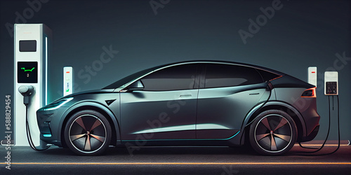 Electric car near the charging station. Abstract illustration. EV car. © serperm73