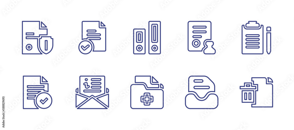 Documentation line icon set. Editable stroke. Vector illustration. Containing document, correct, archive, stamp, file, medical records, delete file.