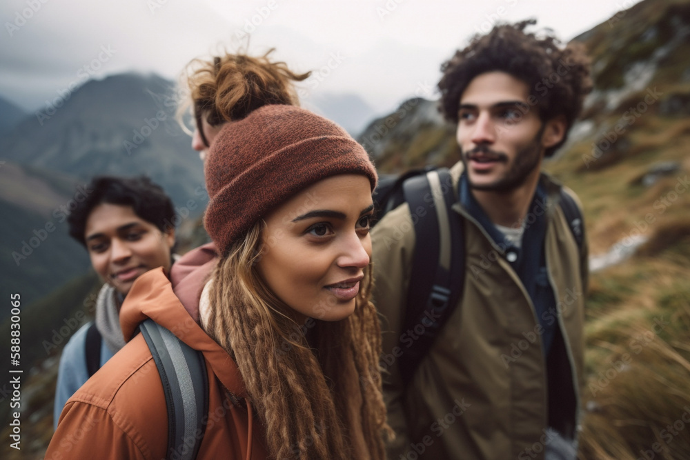 Portrait of a group of friends on a hike against the backdrop of nature.  Generative AI	
