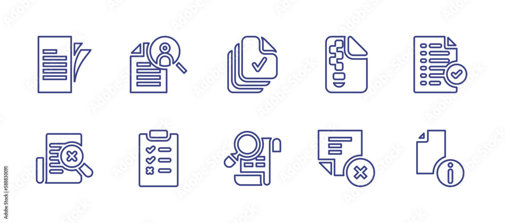 Documentation line icon set. Editable stroke. Vector illustration. Containing document, job search, version, zip file, result, check list, cancel.