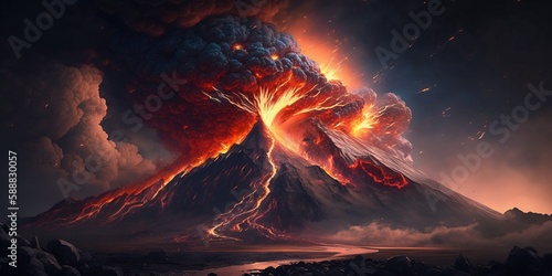 Backdrop lava eruption Volcano, fire.Generative AI